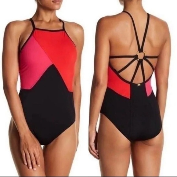 Miraclesuit Amoressa Colorblock One Piece Designer Swimsuit Pink Red Black 14 - Picture 1 of 12
